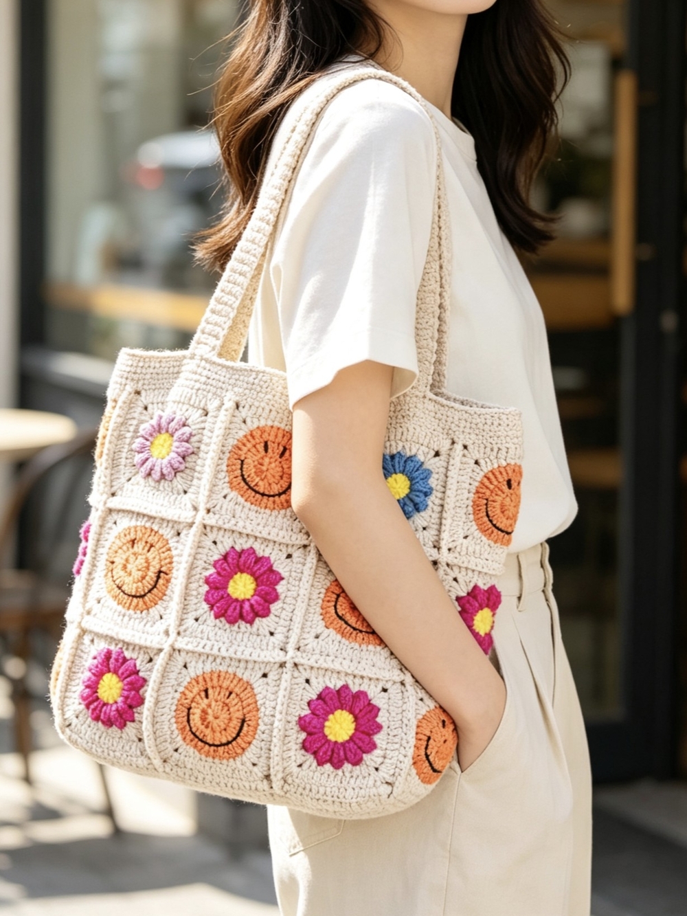 Handmade Crochet Floral Tote, Boho Shoulder Bag, Maket Purse